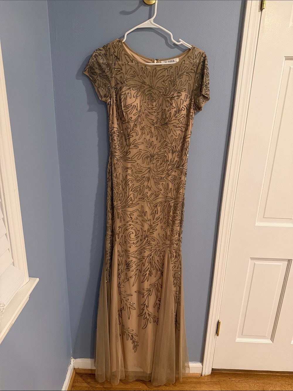 J Kara Taupe Beaded Maxi Dress
